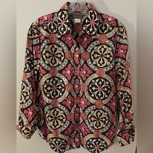 Tommy Bahama Brown/Pink Long Sleeve Button Down Top w/Geometric Pattern; Size 8
